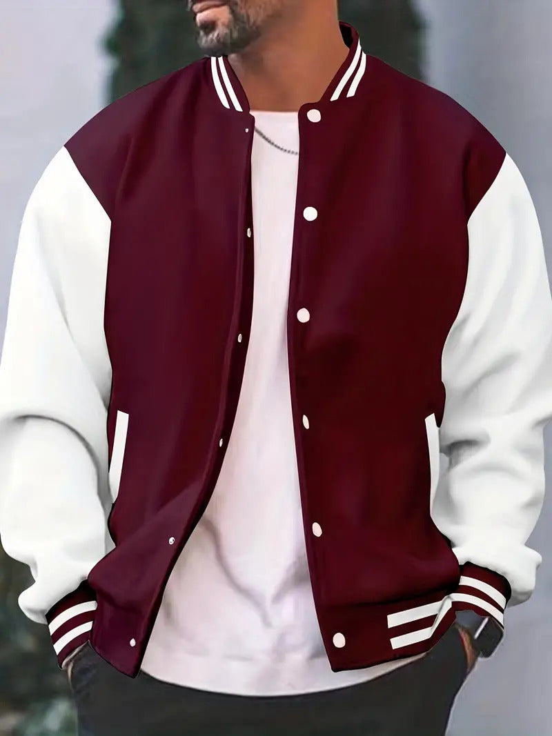 Close-up of a men's casual varsity jacket showcasing the detailed letterman patch and wool fabric