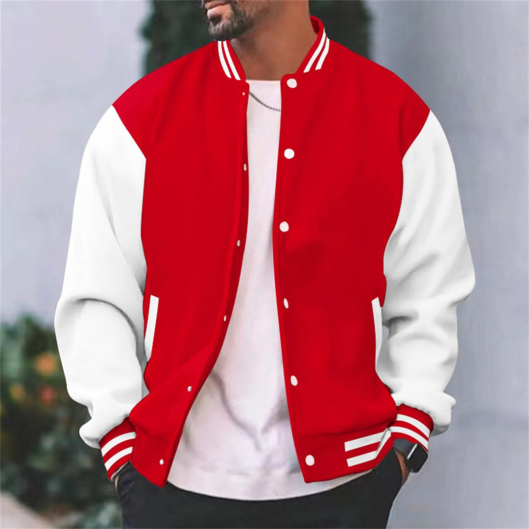 Stylish man wearing a retro men's varsity bomber jacket, posing from the side, streetwear fashion