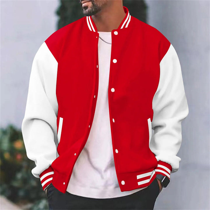 Stylish man wearing a retro men's varsity bomber jacket, posing from the side, streetwear fashion