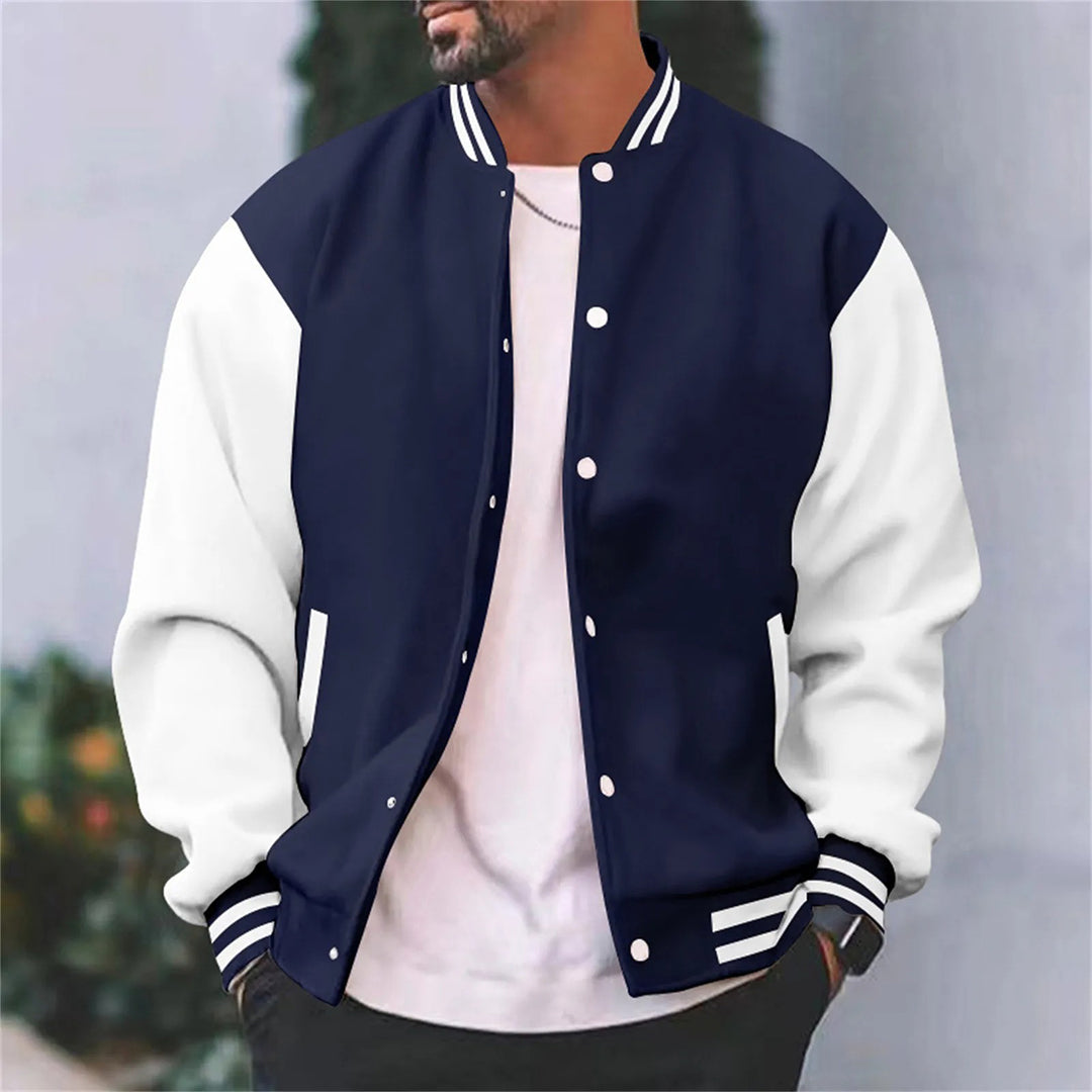 Flat lay of a men's streetwear letterman jacket, featuring the snap closure and overall vintage aesthetic