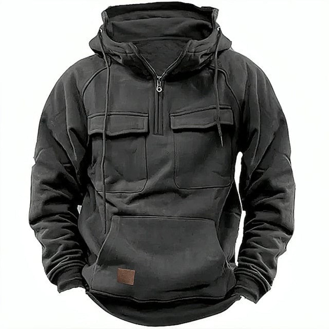 Comfortable men's vintage look biker hoodie, full zip, rugged design for streetwear & outerwear.