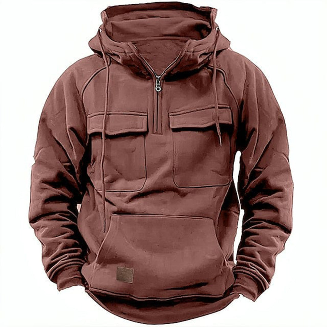 Rugged men's retro motorcycle hoodie, full zip, comfortable for adventure gear & casual outings.