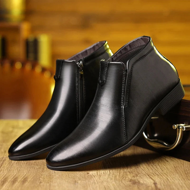 Black men's retro ankle boots with side zipper. Polished dress shoes, non-slip & comfortable for all-day wear.