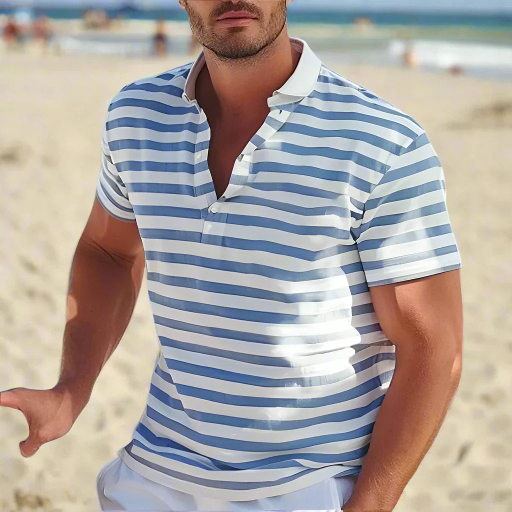 Men's retro striped polo shirt. Classic design, short sleeve, button placket. Ideal for casual everyday wear & summer fashion.