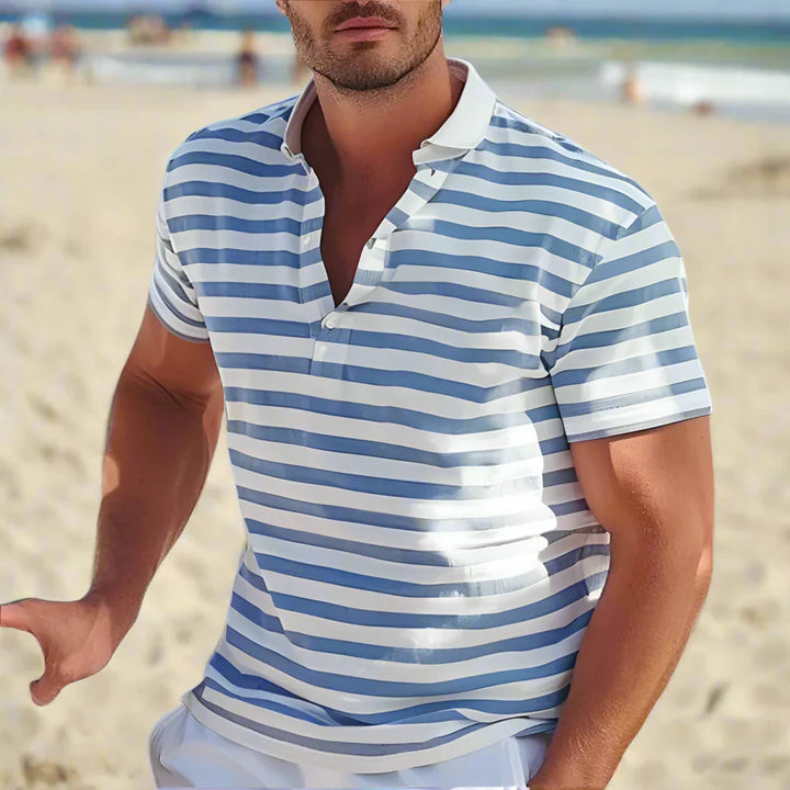 Men's retro striped polo shirt. Classic design, short sleeve, button placket. Ideal for casual everyday wear & summer fashion.