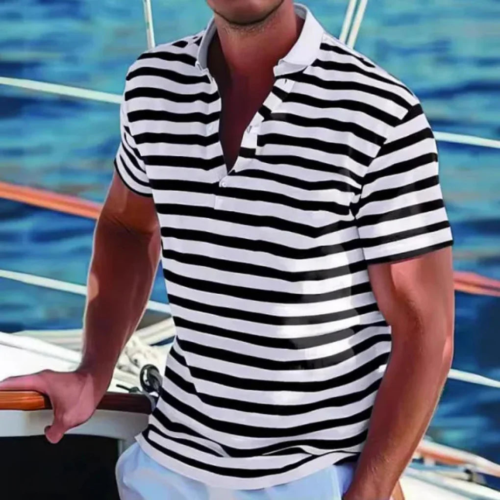 Versatile men's striped polo for effortless style. Comfort fit, short sleeve, great for everyday casual summer fashion.