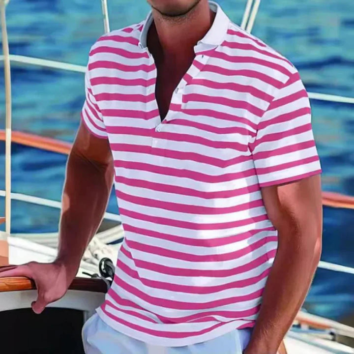 Classic men's striped polo shirt. Retro style, short sleeve, button placket, perfect for a casual summer look.