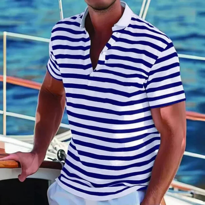 Comfortable men's retro striped polo shirt, a classic short sleeve top for versatile men's style.
