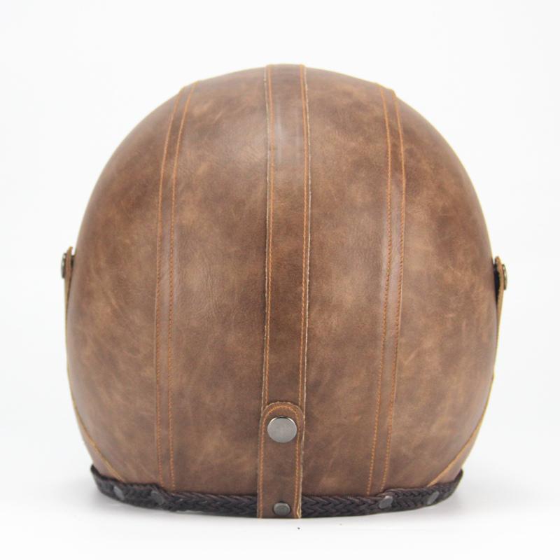 Men's retro vintage open face motorcycle helmet with goggle mask, brown synthetic leather, ABS shell.