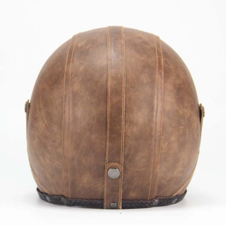 Men's retro vintage open face motorcycle helmet with goggle mask, brown synthetic leather, ABS shell.