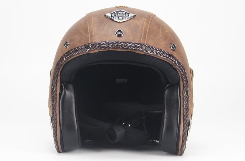 Vintage style brown open face biker helmet for men, with adjustable strap & included goggle mask.