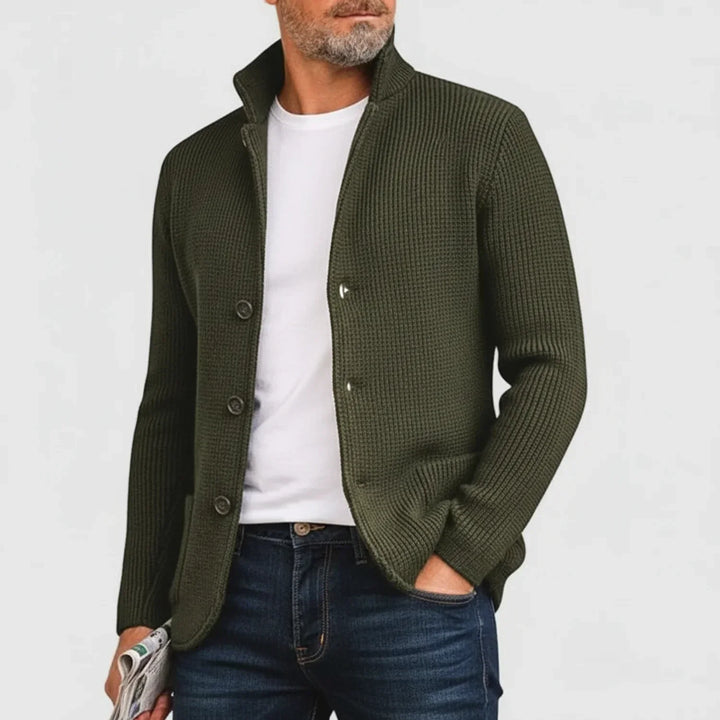 Stylish men's ribbed cardigan with button front. Perfect for casual wear and winter comfort.