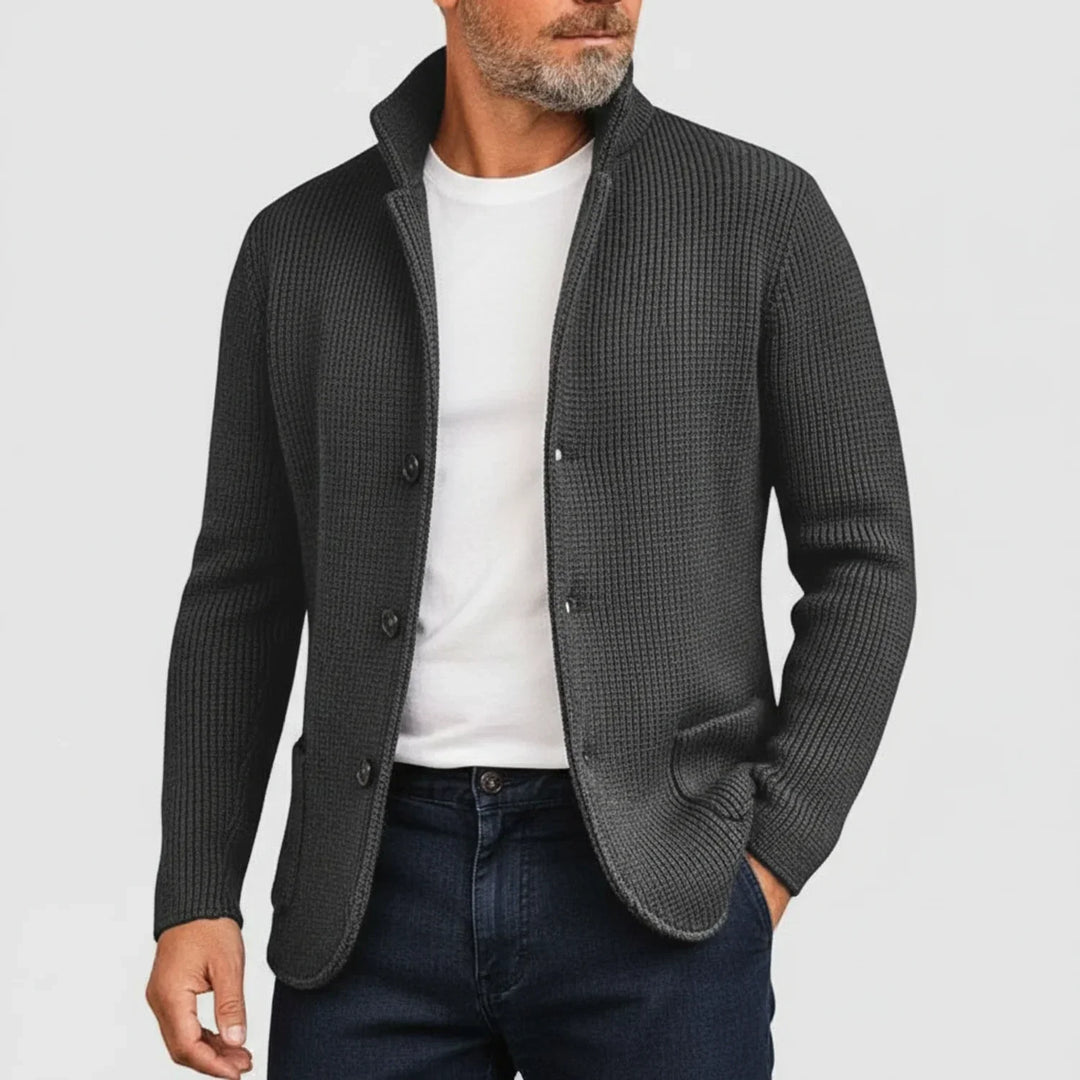 Mens fashion ribbed button-front cardigan sweater. A stylish top for casual wear.