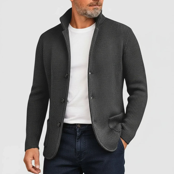 Mens fashion ribbed button-front cardigan sweater. A stylish top for casual wear.