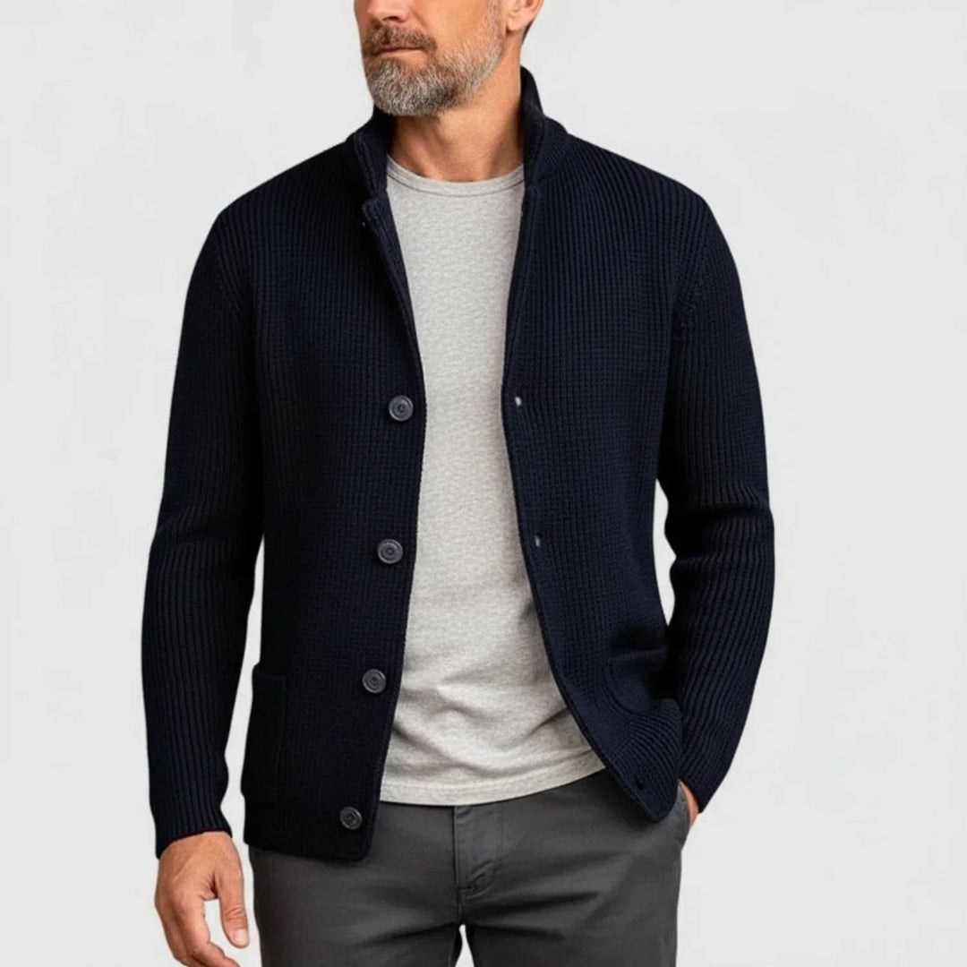 Stylish men's button-front ribbed cardigan. Perfect for casual wear and cool weather.