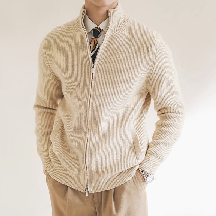 Men's ribbed full zip stand collar cardigan in a classic fit, perfect for layering during fall & winter. Warm & comfortable.