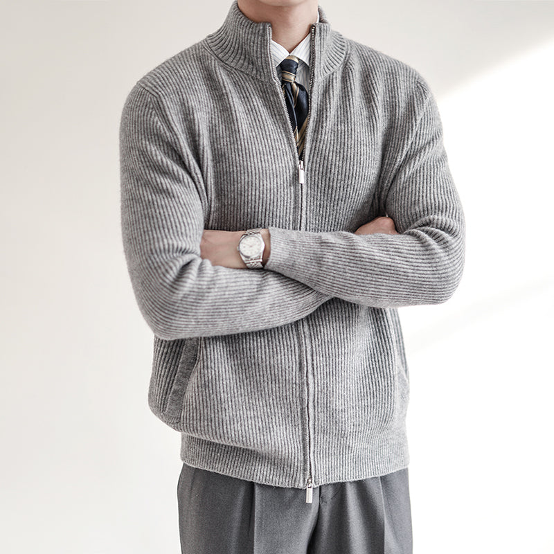 Stylish men's full zip ribbed cardigan with stand collar. Ideal for smart casual or casual layering, great for fall fashion.