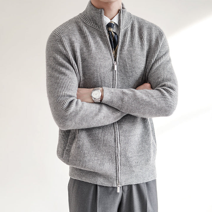 Stylish men's full zip ribbed cardigan with stand collar. Ideal for smart casual or casual layering, great for fall fashion.