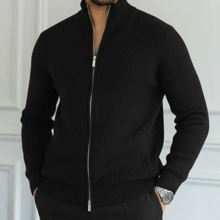 Comfortable men's textured ribbed full zip cardigan. Stand collar design offers warmth & a modern fall outerwear look.