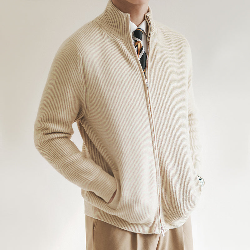 Warm men's full zip ribbed cardigan with a stand collar. Versatile fall & winter layering piece for any casual outfit.