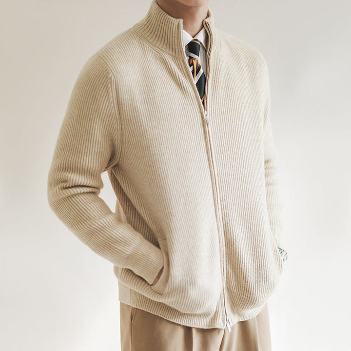 Warm men's full zip ribbed cardigan with a stand collar. Versatile fall & winter layering piece for any casual outfit.