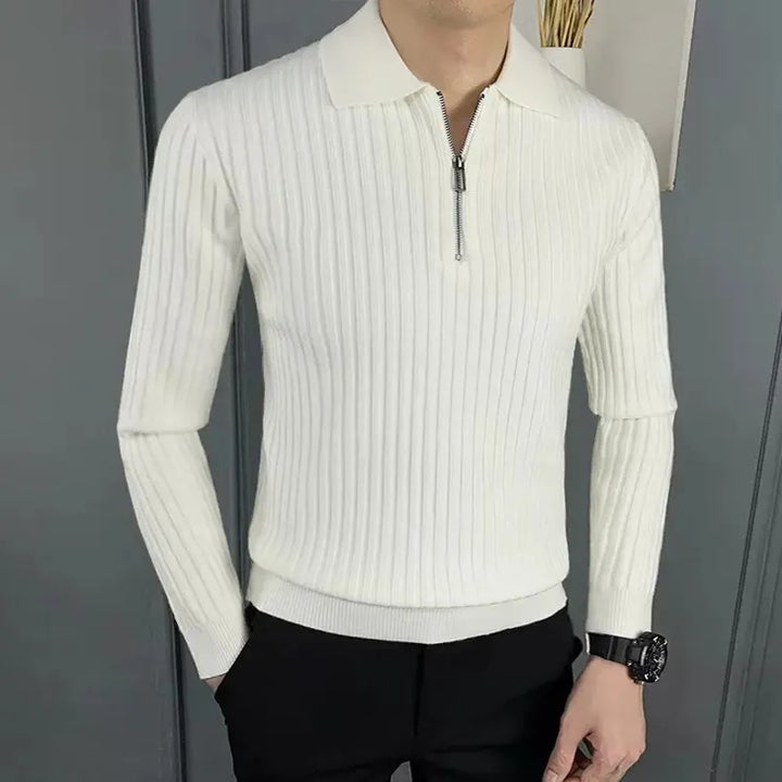 Men's ribbed knit zip-neck sweater in a neutral color, perfect for casual winter wear.