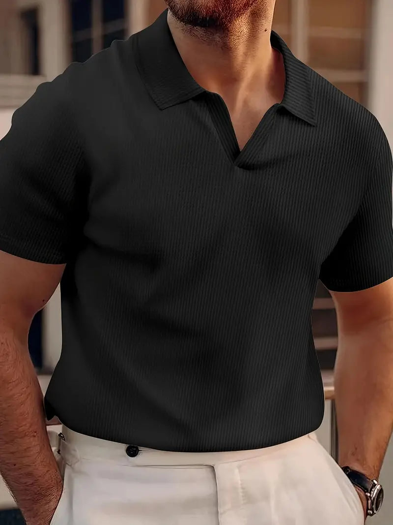 Stylish men's slim fit ribbed short sleeve polo in black, white, or blue for versatile summer outfits.