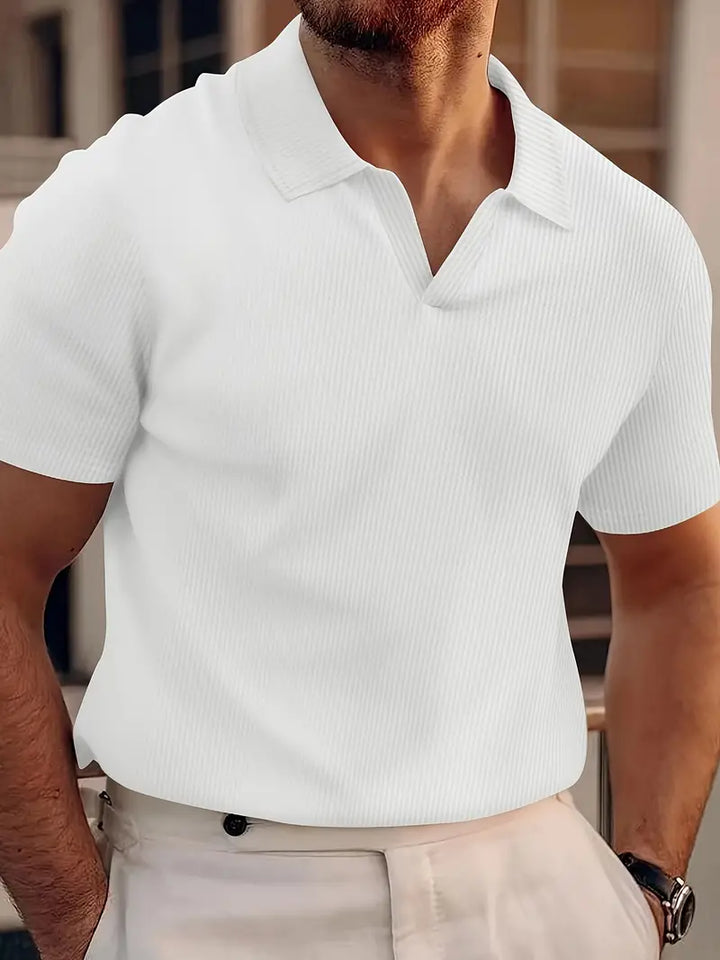 Khaki men's ribbed slim fit short sleeve polo, a modern textured summer shirt for men's fashion.