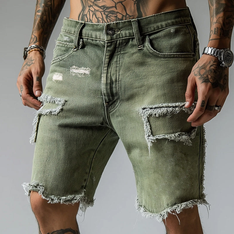 Fashionable men's ripped stretch denim shorts. Comfortable distressed style, five-pocket design for summer casual outfits.