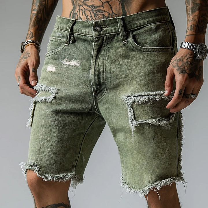 Fashionable men's ripped stretch denim shorts. Comfortable distressed style, five-pocket design for summer casual outfits.