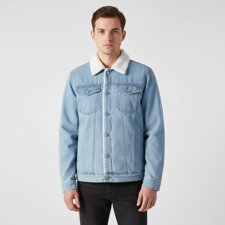 Stylish men's button-up denim jacket with cozy fleece lining for fall fashion & cold weather.