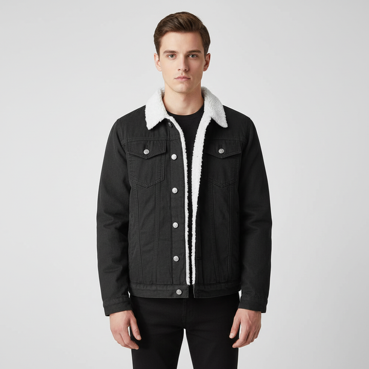 Casual men's winter jacket: blue denim exterior, warm fleece interior. Stylish, comfortable everyday wear.