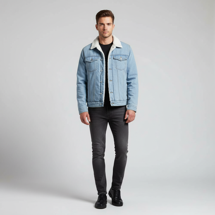 Warm & stylish men's denim jacket with cozy fleece lining. Perfect button-up outerwear for cold weather & fall.