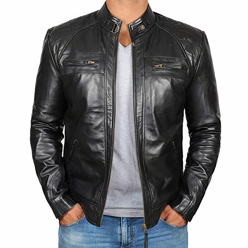 Stylish men's rugged outerwear motorcycle jacket for riding, featuring secure zippered pockets.