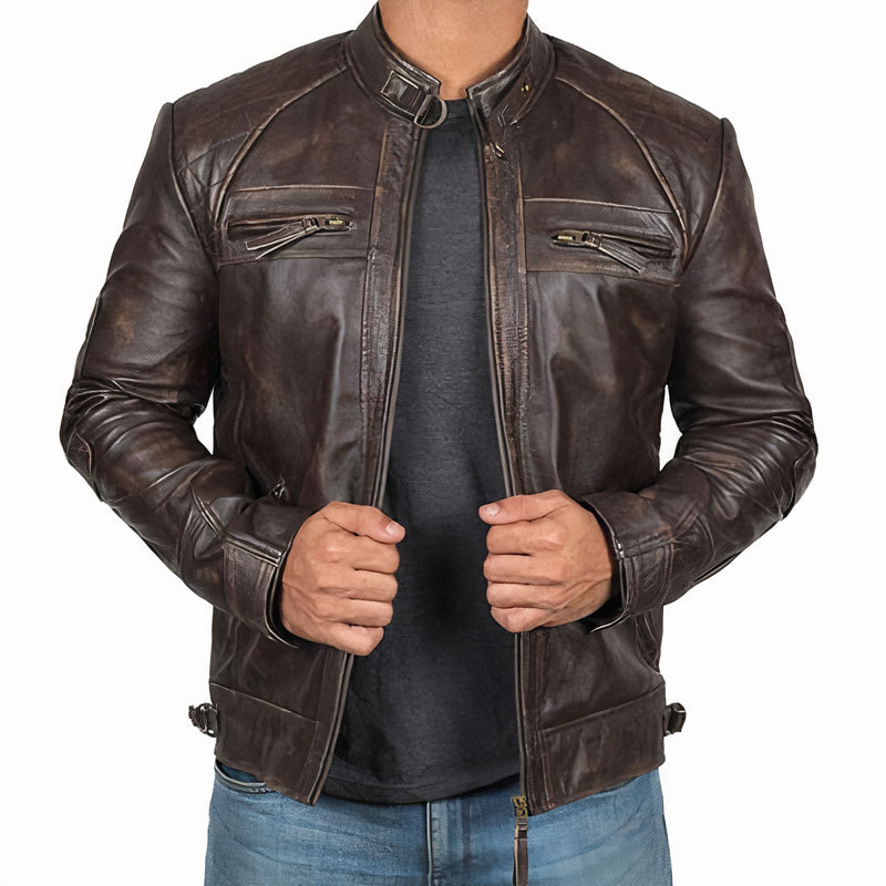 Adventure-ready men's motorcycle jacket, rugged and durable, with secure zipper pockets for riders.
