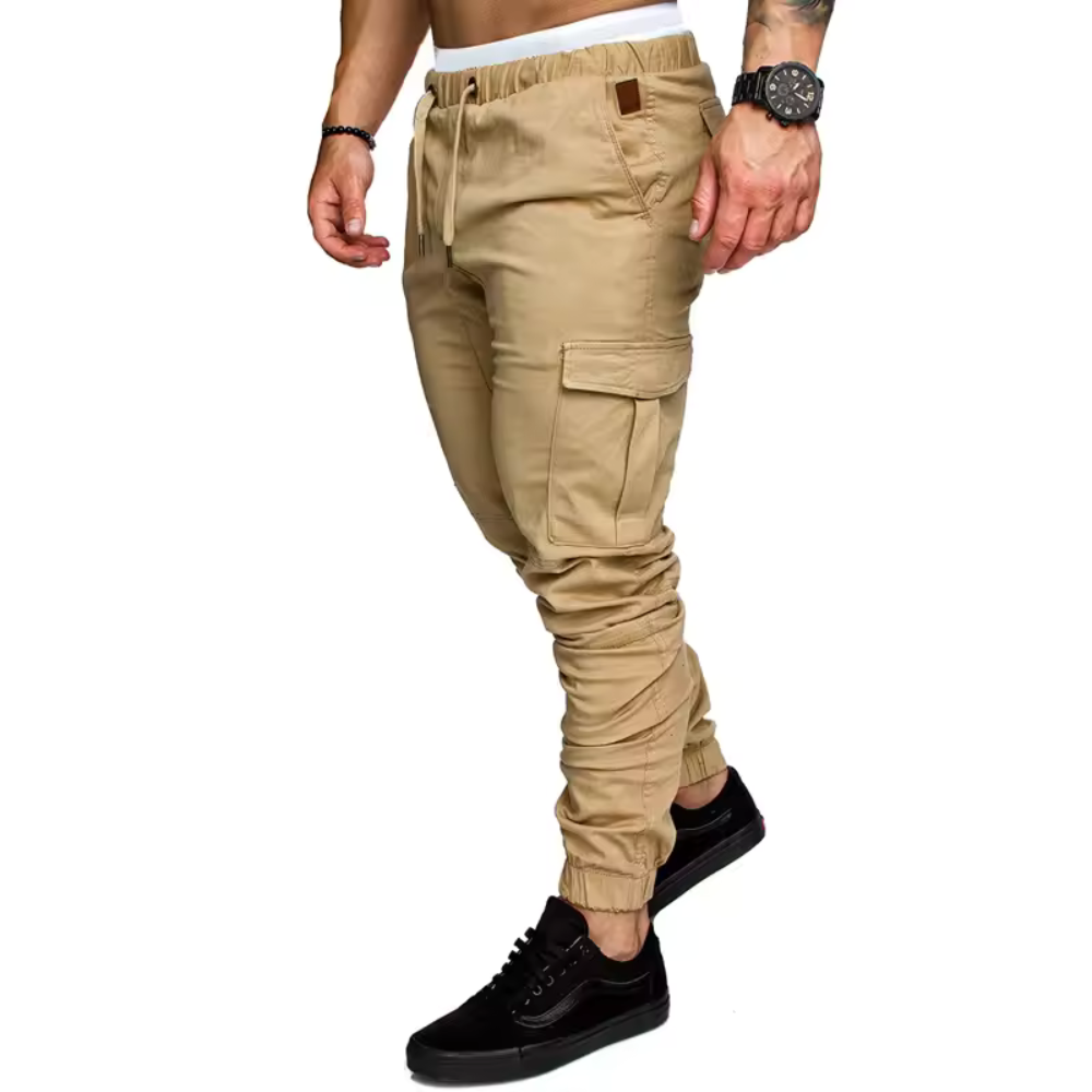 Men's rugged cargo joggers in action, activewear for urban exploration, street style, and comfort.