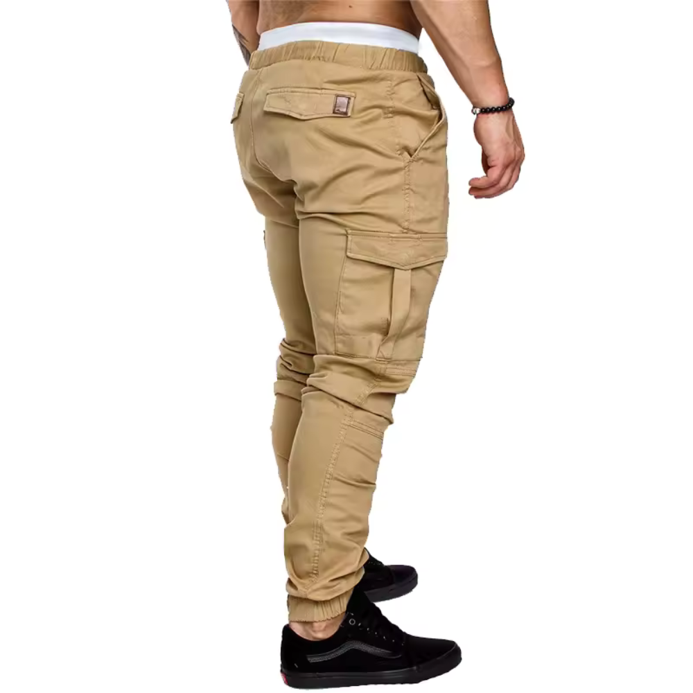 Drawstring & durable fastening detail on men's multi-pocket cargo joggers for custom, secure fit.