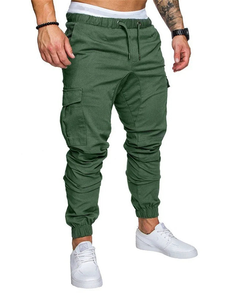 Men's athletic cargo joggers in side view, comfortable & durable, perfect for urban adventures & street style.