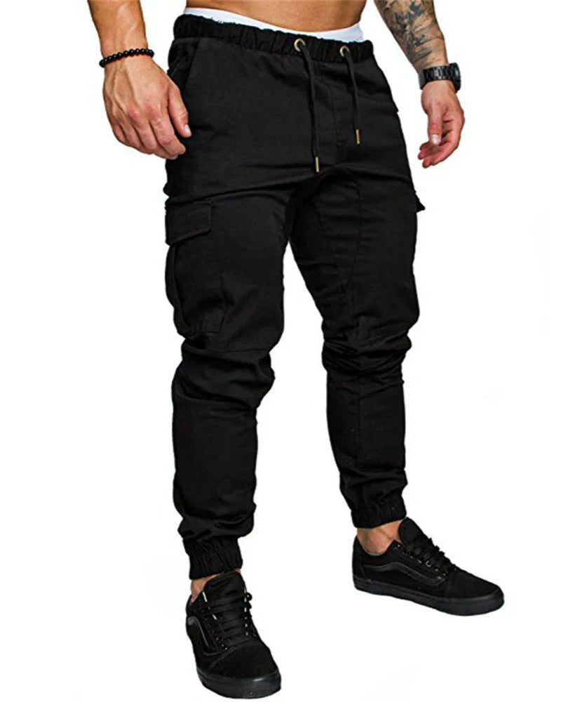 Back view of rugged men's cargo joggers, highlighting comfortable fit & durable design for daily casual wear.