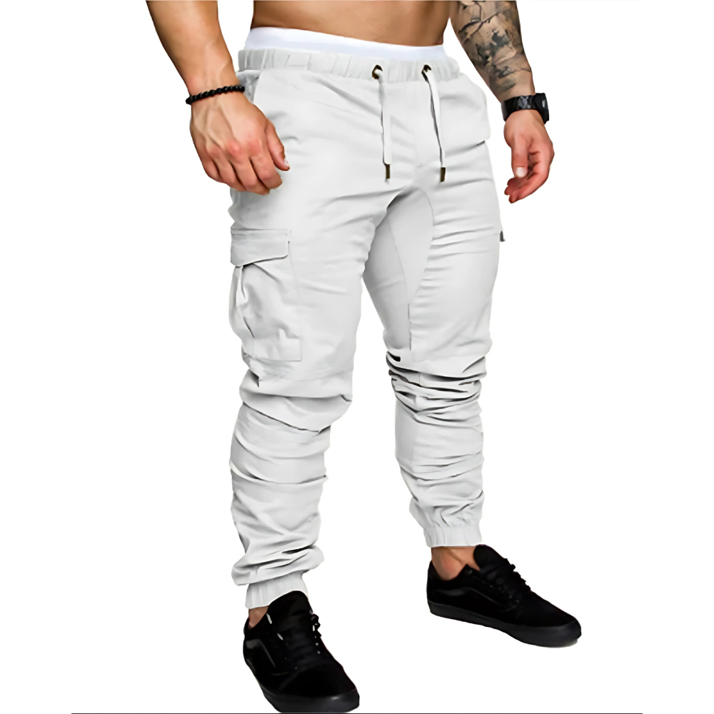 Detail of comfortable jogger cuffs on men's multi-pocket cargo pants, durable for active urban wear.