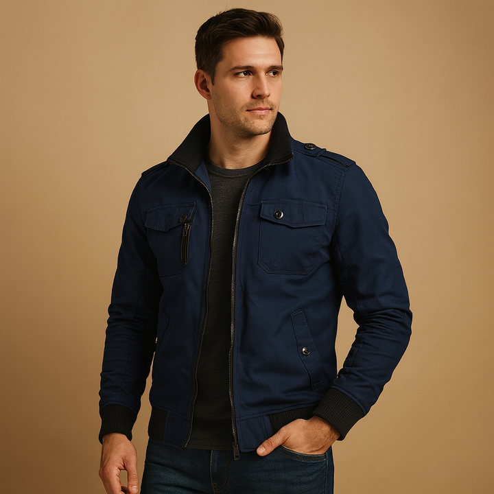Men's rugged tactical bomber jacket for outdoor & urban style. Durable, multi-pocket, wind-resistant outerwear.