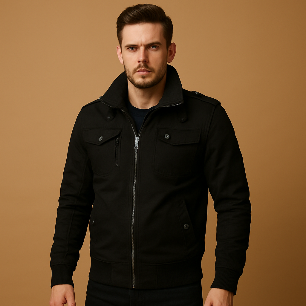 Stylish men's tactical bomber jacket. Rugged multi-pocket utility outerwear for casual & outdoor wear.