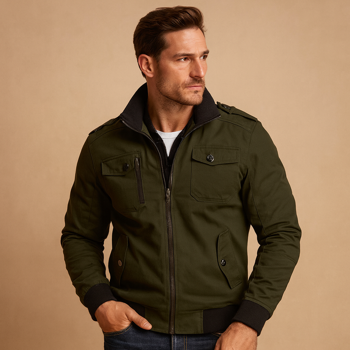 Durable men's tactical bomber jacket with wind protection. Perfect rugged outerwear for urban & outdoor style.
