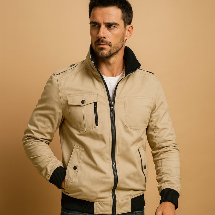Men's tactical bomber jacket, ideal for outdoor adventures & urban fashion. Rugged, stylish, multi-pocket design.