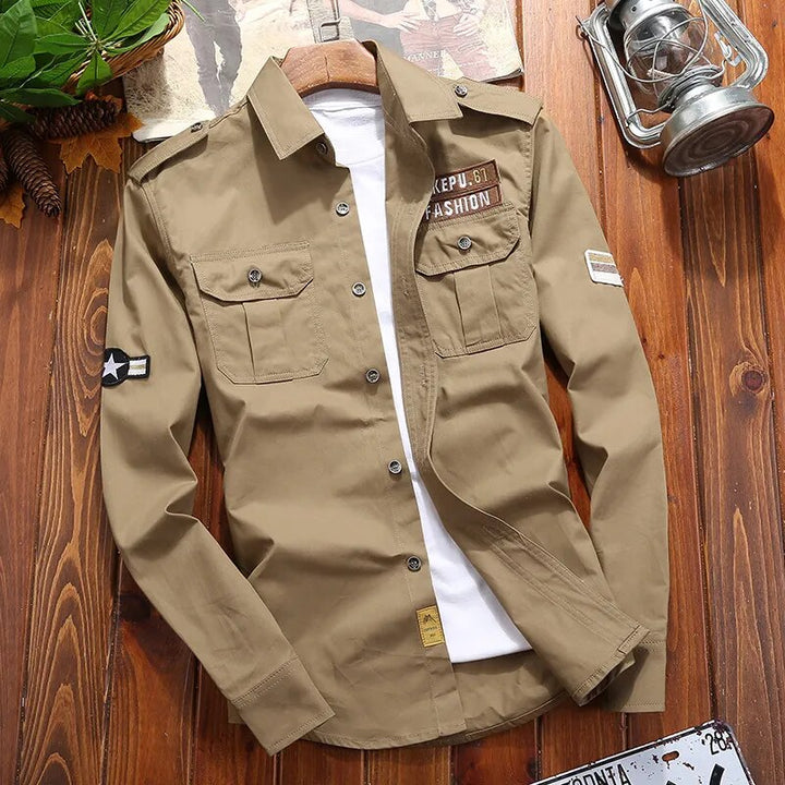 Men's fashion tactical shirt. Button-down, military style with epaulettes & practical chest pockets. Comfortable fit.