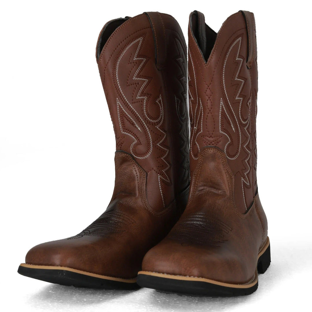 Slip-on men's mid-calf cowboy boots, square toe, offering timeless style & everyday comfort.