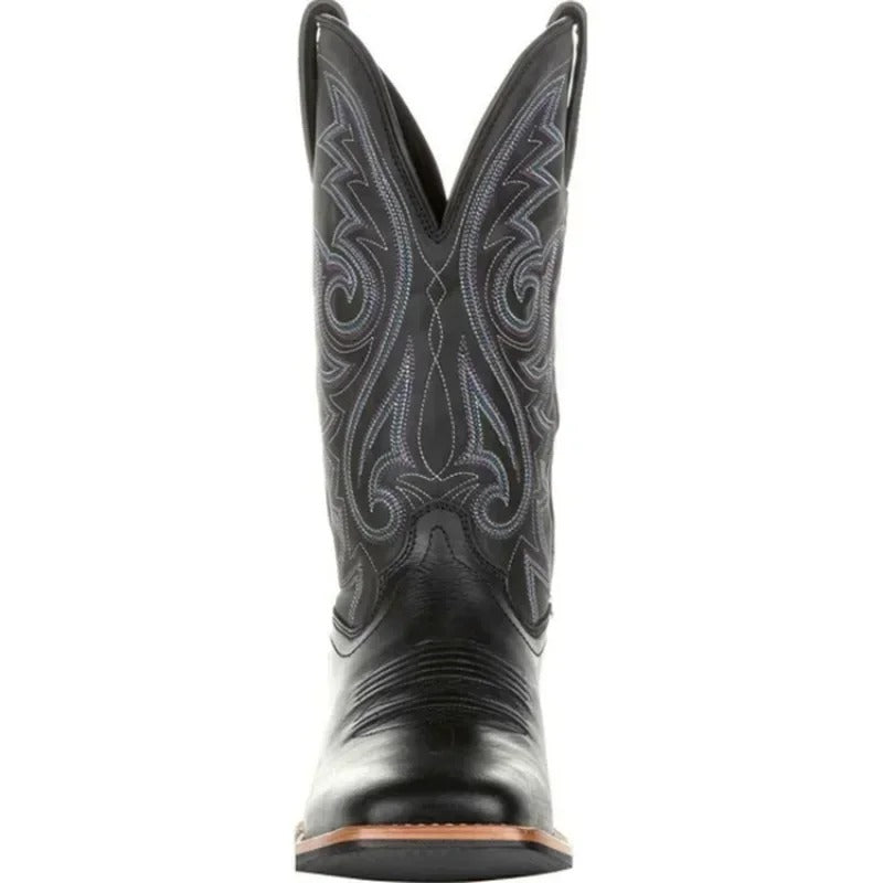 Men's square toe western boots featuring a detailed totem design, combining classic style with modern comfort.