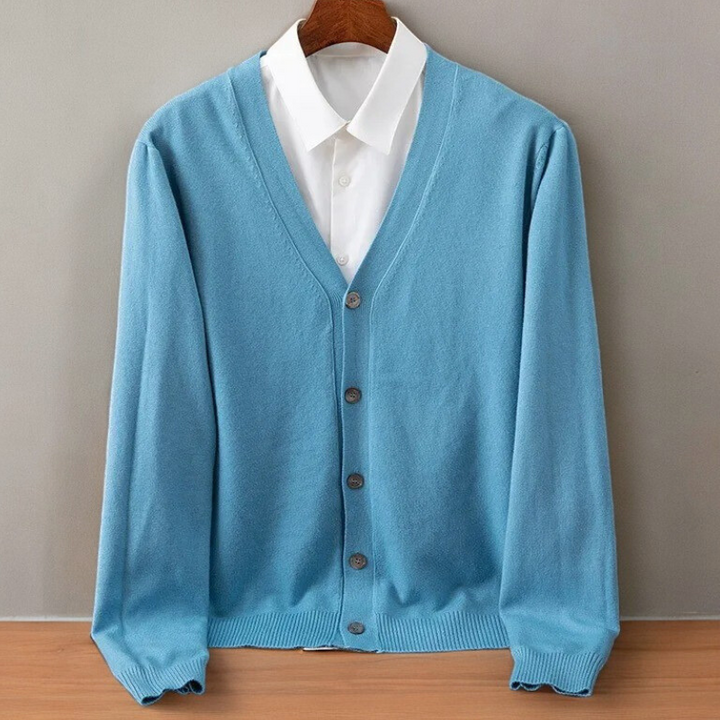 Comfortable men's knitwear cardigan sweater, ideal for fall fashion & winter style & layering.