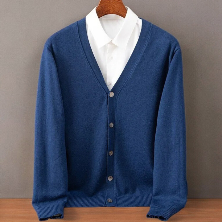 Model in men's long sleeve Santorini cardigan sweater, showcasing casual style & comfortable knitwear.