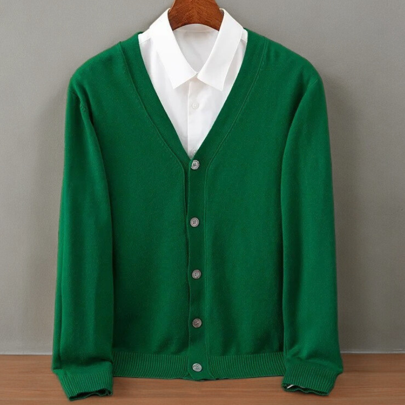 Close-up of men's knitwear Santorini cardigan sweater, highlighting texture & classic long sleeve design.